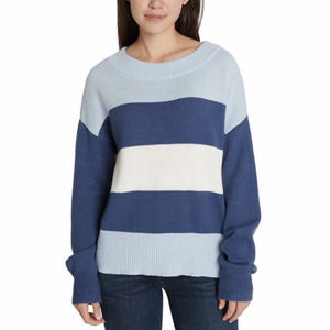 Lucky Brand Women’s Colorblock Knit Sweater Soft Hand Feel Blue Striped XL NWT